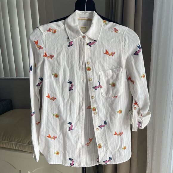 Anthropologie Maeve Embroidered Koi Fish White Button Down Rolltab Sleeves 4 - Picture 4 of 11